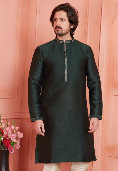 Woven Art Silk Jacquard Kurta in Dark Green