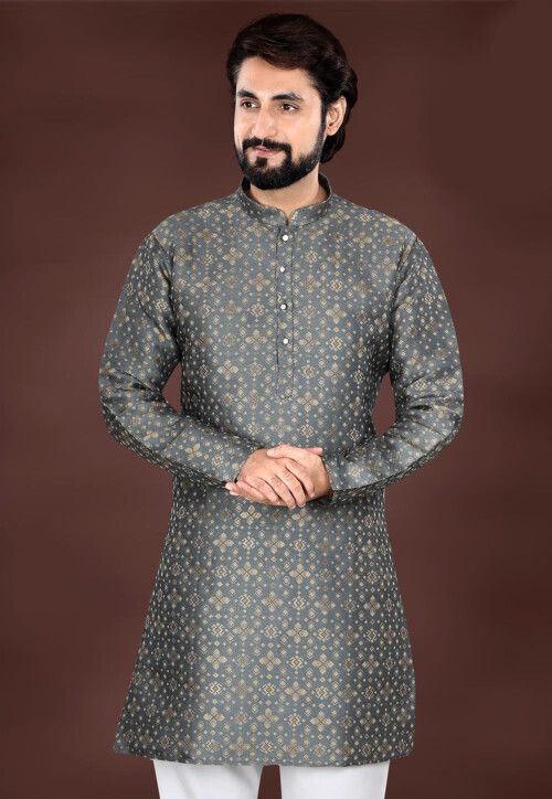 Woven Art Silk Jacquard Kurta in Dark Grey