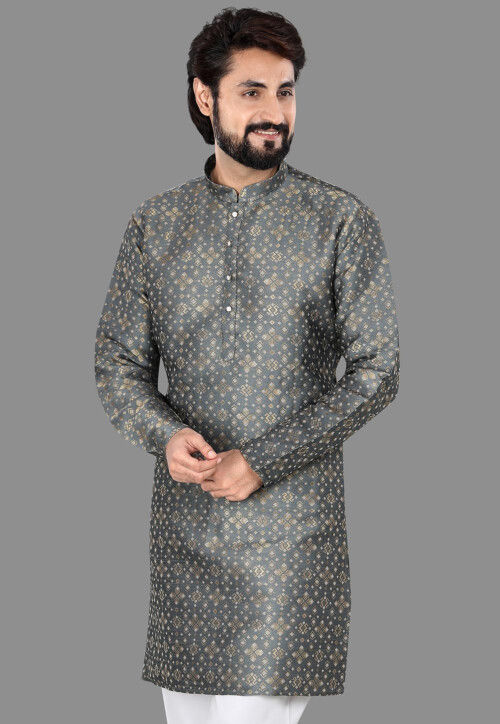 Woven Art Silk Jacquard Kurta in Dark Grey