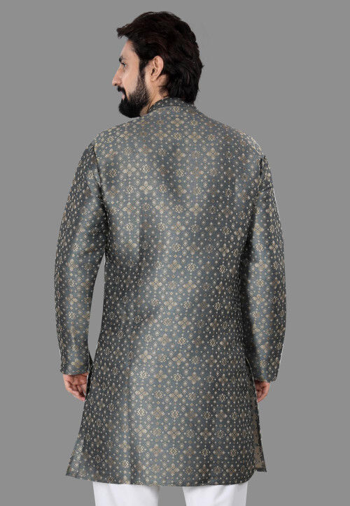 Woven Art Silk Jacquard Kurta in Dark Grey
