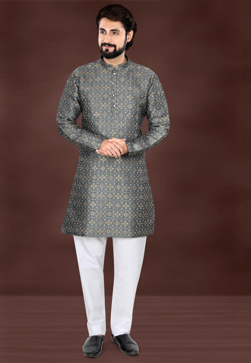 Woven Art Silk Jacquard Kurta in Dark Grey