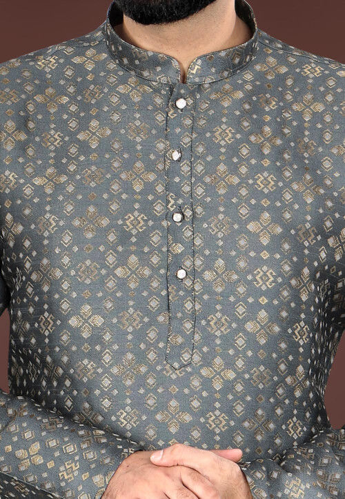Woven Art Silk Jacquard Kurta in Dark Grey