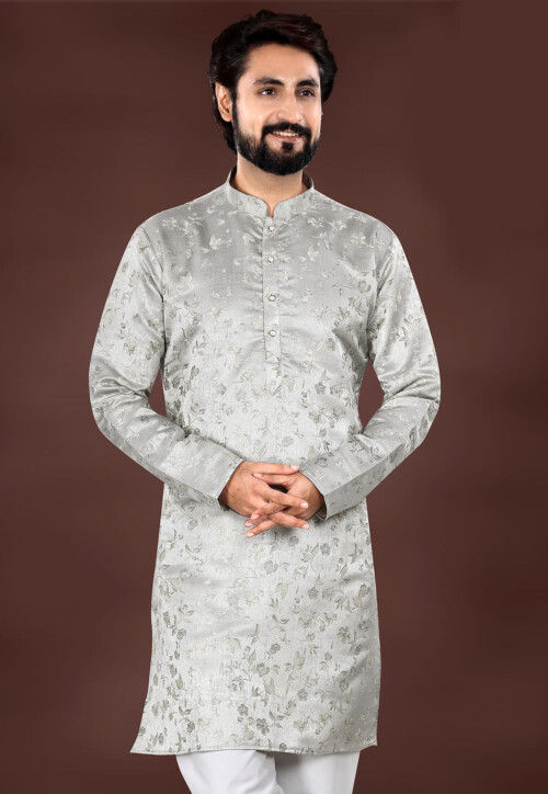 Woven Art Silk Jacquard Kurta in Light Grey