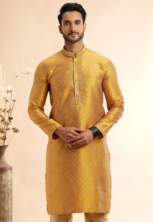 Woven Art Silk Jacquard Kurta in Mustard