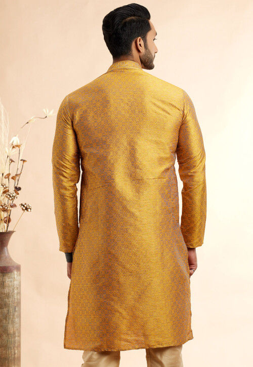 Woven Art Silk Jacquard Kurta in Mustard