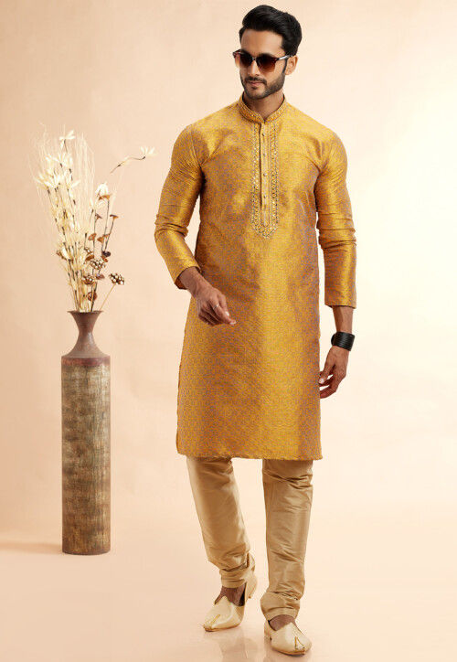 Woven Art Silk Jacquard Kurta in Mustard