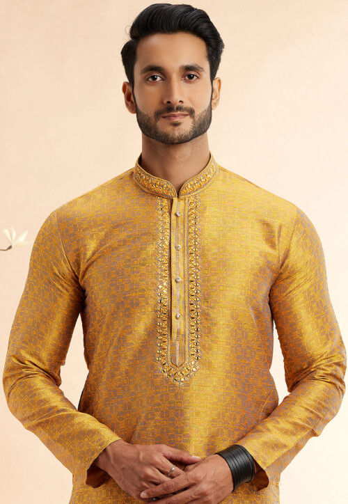 Woven Art Silk Jacquard Kurta in Mustard