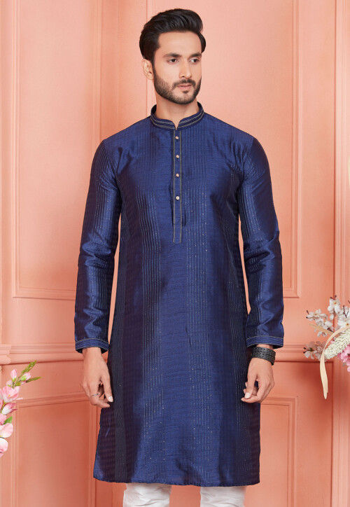 Woven Art Silk Jacquard Kurta in Navy Blue