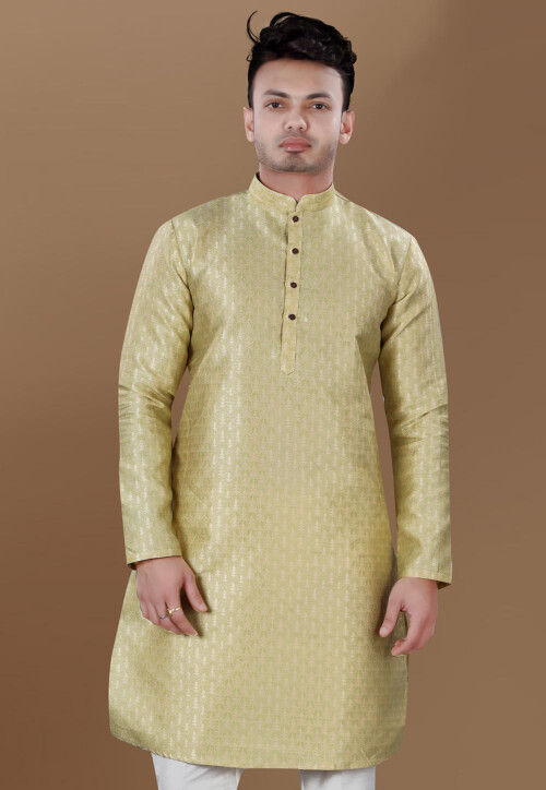 Woven Art Silk Jacquard Kurta in Olive Green
