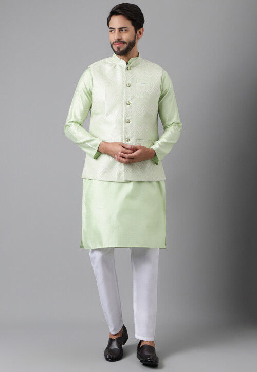 woven art silk jacquard kurta jacket set in light olive green v1 mkd110