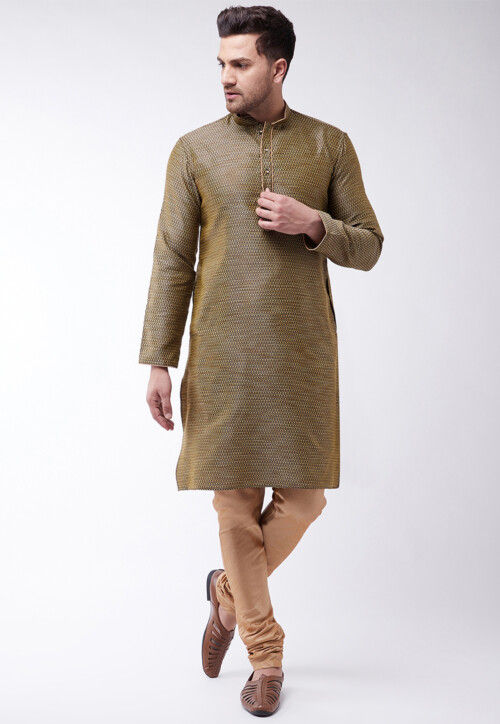 Woven Art Silk Jacquard Kurta Set in Black