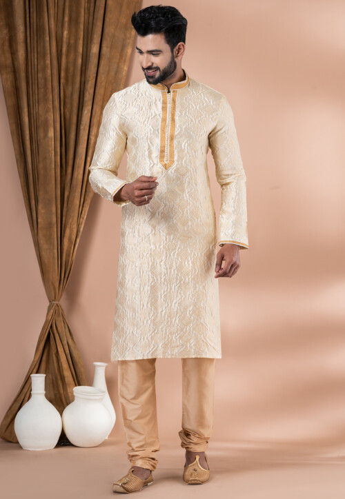 Woven Art Silk Jacquard Kurta Set in Cream