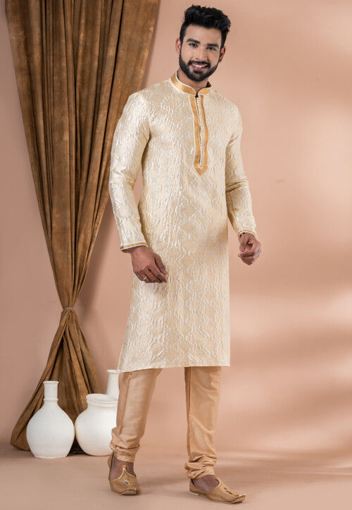 Woven Art Silk Jacquard Kurta Set in Cream