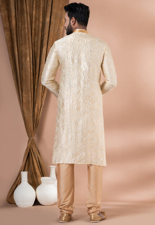 Woven Art Silk Jacquard Kurta Set in Cream