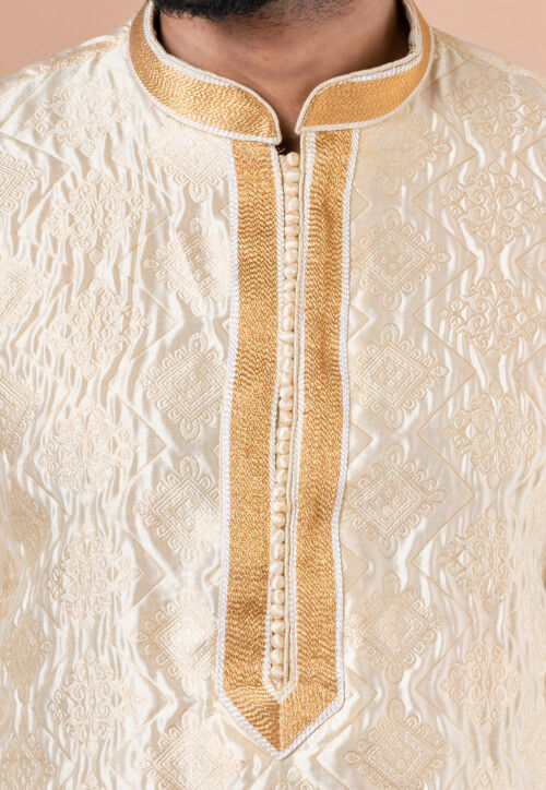 Woven Art Silk Jacquard Kurta Set in Cream
