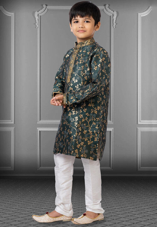 Woven Art Silk Jacquard Kurta Set in Dark Teal Green