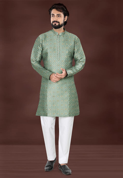 Woven Art Silk Jacquard Kurta Set in Dusty Green