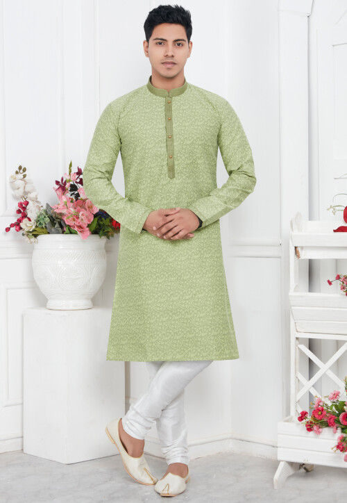 Woven Art Silk Jacquard Kurta Set in Dusty Green