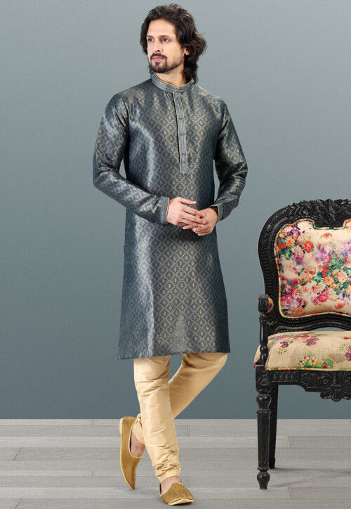Woven Art Silk Jacquard Kurta Set in Grey