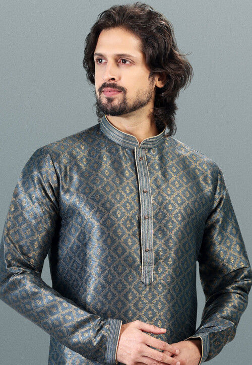 Woven Art Silk Jacquard Kurta Set in Grey