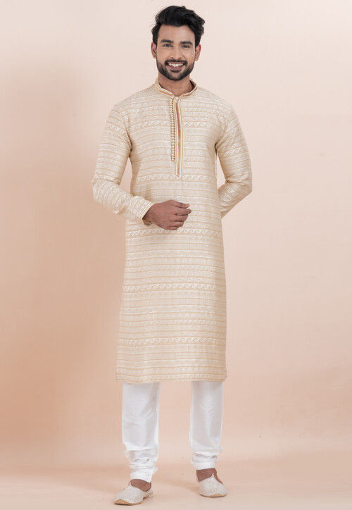 Woven Art Silk Jacquard Kurta Set in Light Beige