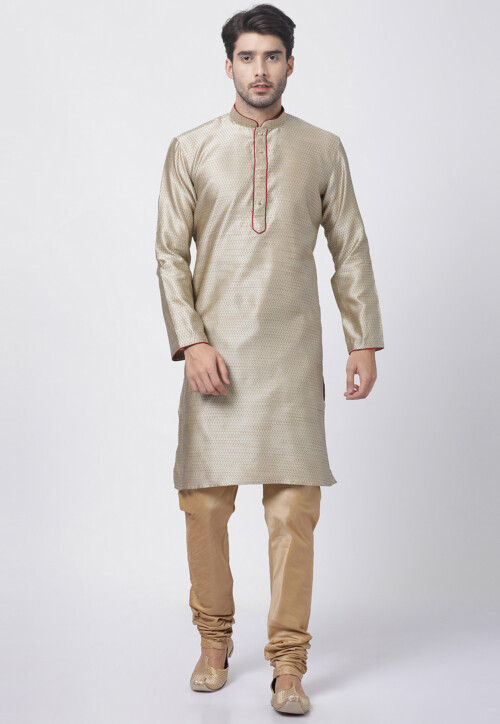Woven Art Silk Jacquard Kurta Set in Light Grey