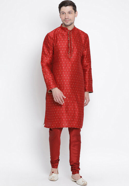 Woven Art Silk Jacquard Kurta Set in Maroon