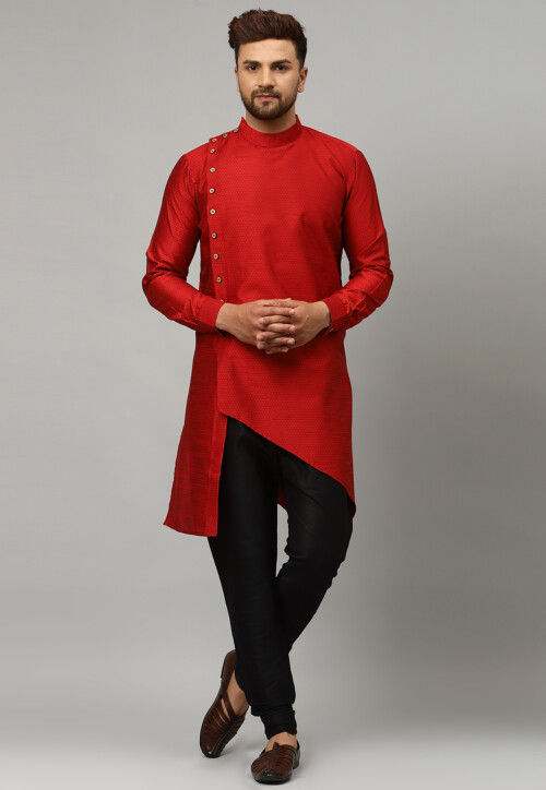 Woven Art Silk Jacquard Kurta Set in Maroon