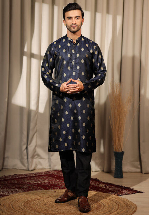 Woven Art Silk Jacquard Kurta Set in Navy Blue