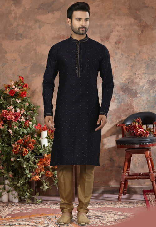 Woven Art Silk Jacquard Kurta Set in Navy Blue