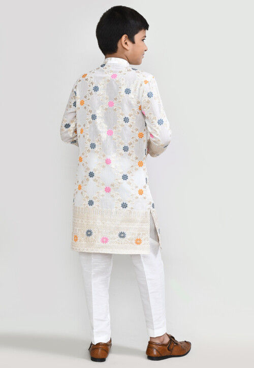 Woven Art Silk Jacquard Kurta Set in Off White