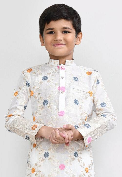 Woven Art Silk Jacquard Kurta Set in Off White