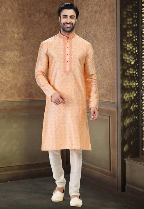 Buy Woven Art Silk Jacquard Kurta Set in Peach Online MLY793