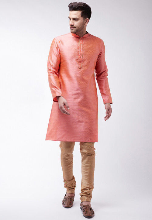 Woven Art Silk Jacquard Kurta Set in Pink