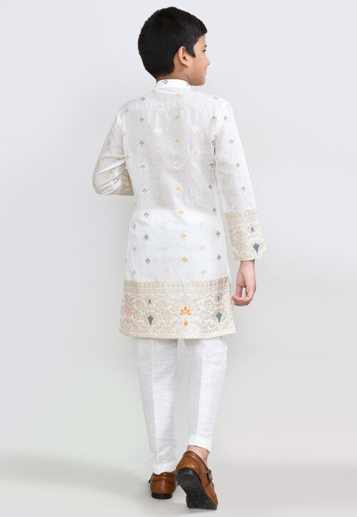 Woven Art Silk Jacquard Kurta Set in White