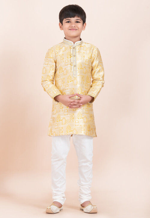 Woven Art Silk Jacquard Kurta Set in Yellow