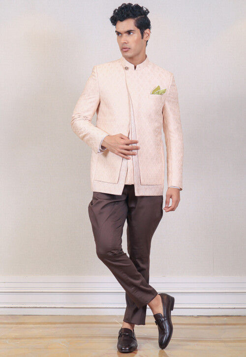 Apricot Peach Textured Premium Wool Blend Bandhgala/Jodhpuri Suits for Men.
