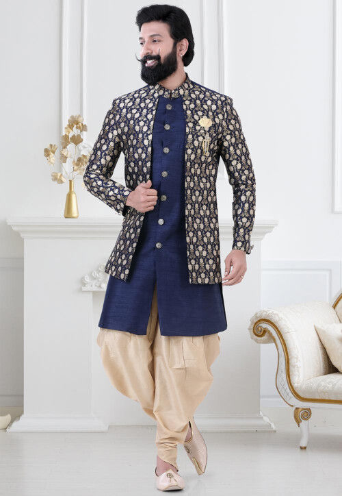 Woven Art Silk Jacquard Layered Sherwani in Navy Blue