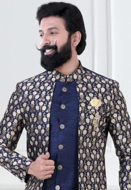 Woven Art Silk Jacquard Layered Sherwani in Navy Blue