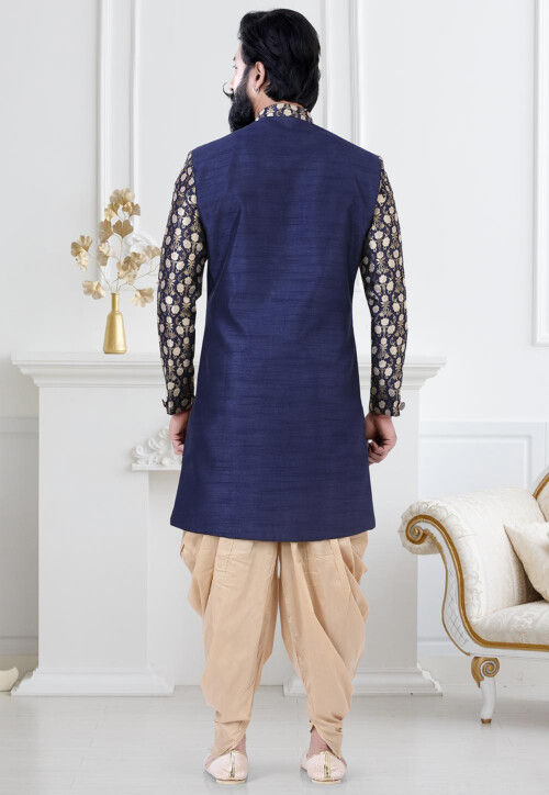 Woven Art Silk Jacquard Layered Sherwani in Navy Blue