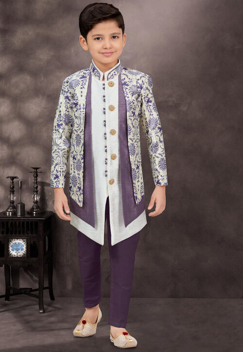 Woven Art Silk Jacquard Layered Sherwani in Off White and Purple