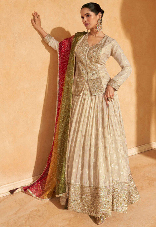 Woven Art Silk Jacquard Lehenga in Beige