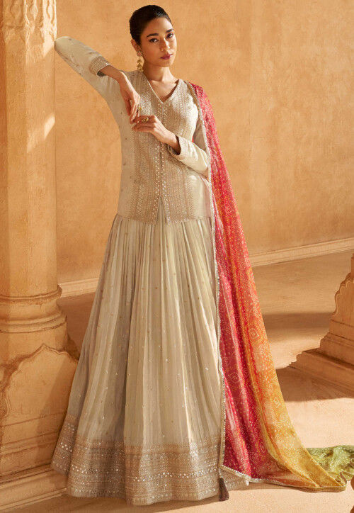 Woven Art Silk Jacquard Lehenga in Beige