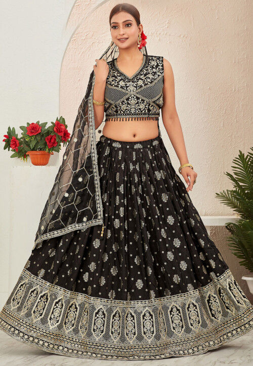 Woven Art Silk Jacquard Lehenga in Black