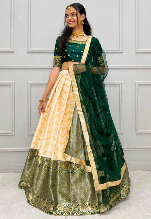 Woven Art Silk Jacquard Lehenga in Cream