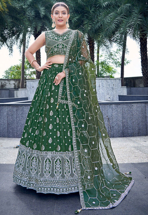 Woven Art Silk Jacquard Lehenga in Dark Green