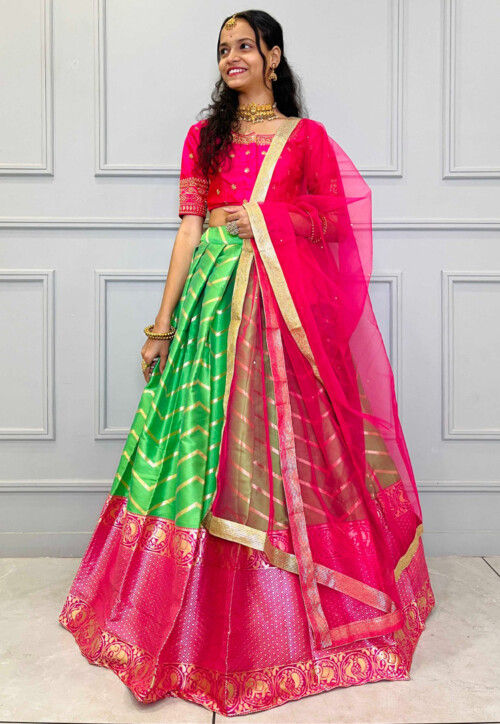 Woven Art Silk Jacquard Lehenga in Light Green