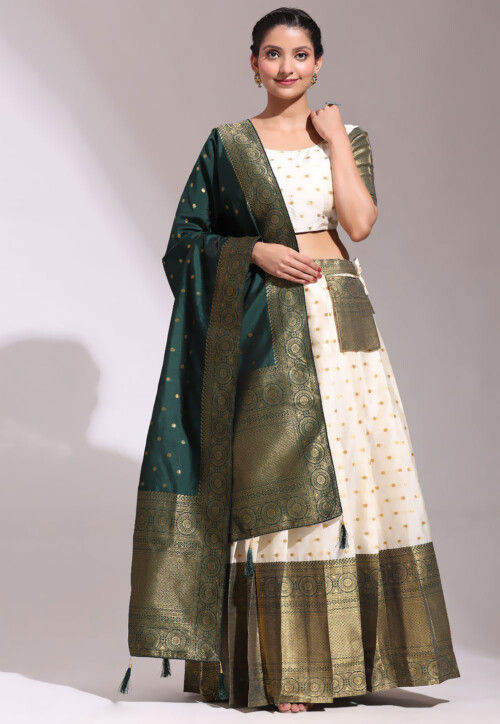 Woven Art Silk Jacquard Lehenga in Off White