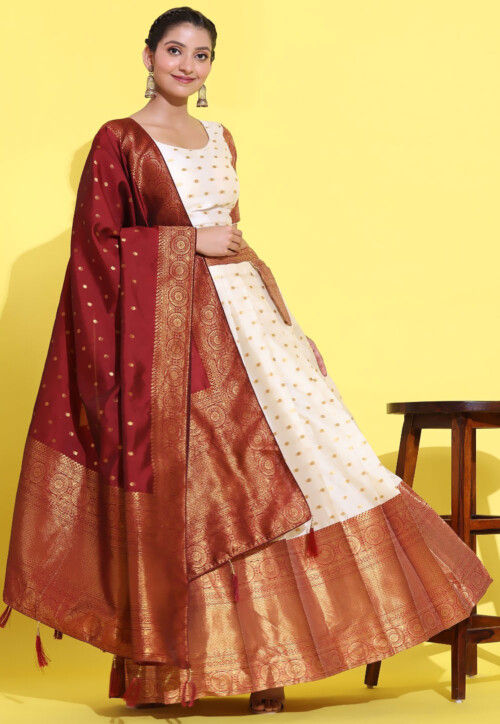 Woven Art Silk Jacquard Lehenga in Off White