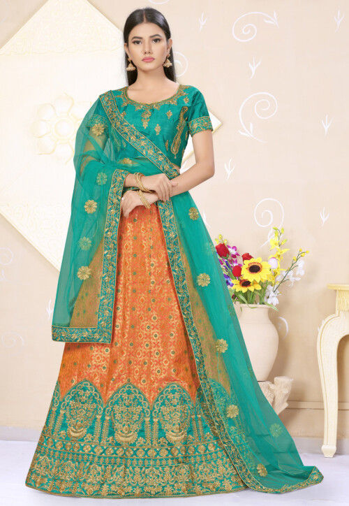 Buy BownBee Kids Orange & Blue Lehenga Choli With Dupatta for Girls  Clothing Online @ Tata CLiQ